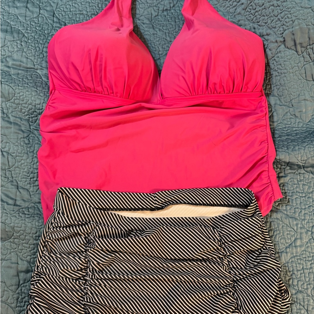 Pink Halter Tankini Top with Striped full bottom